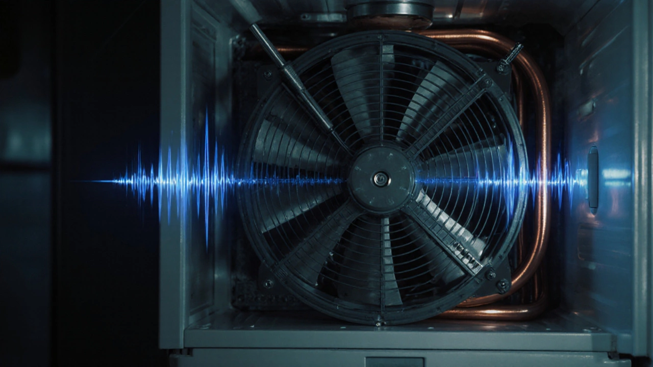Back of fridge showing compressor, fan, and sensor with visual sound waves.