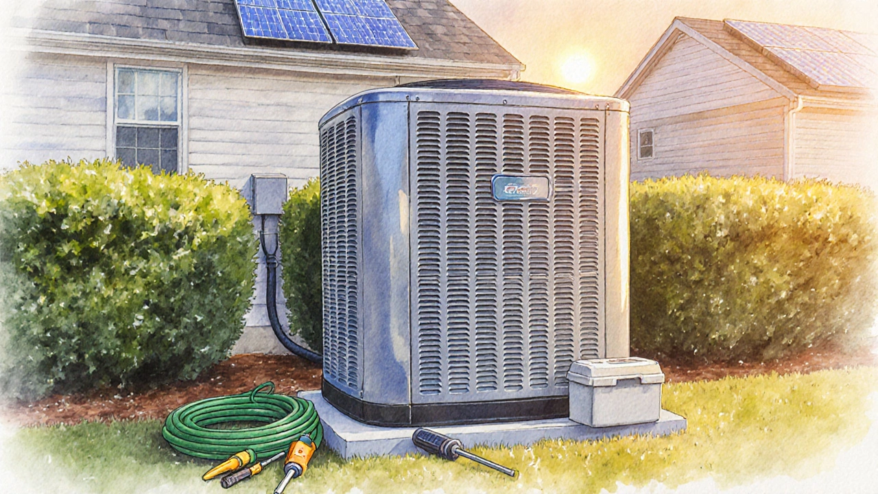 Clean outdoor heat pump surrounded by trimmed shrubs at sunrise with maintenance tools nearby.