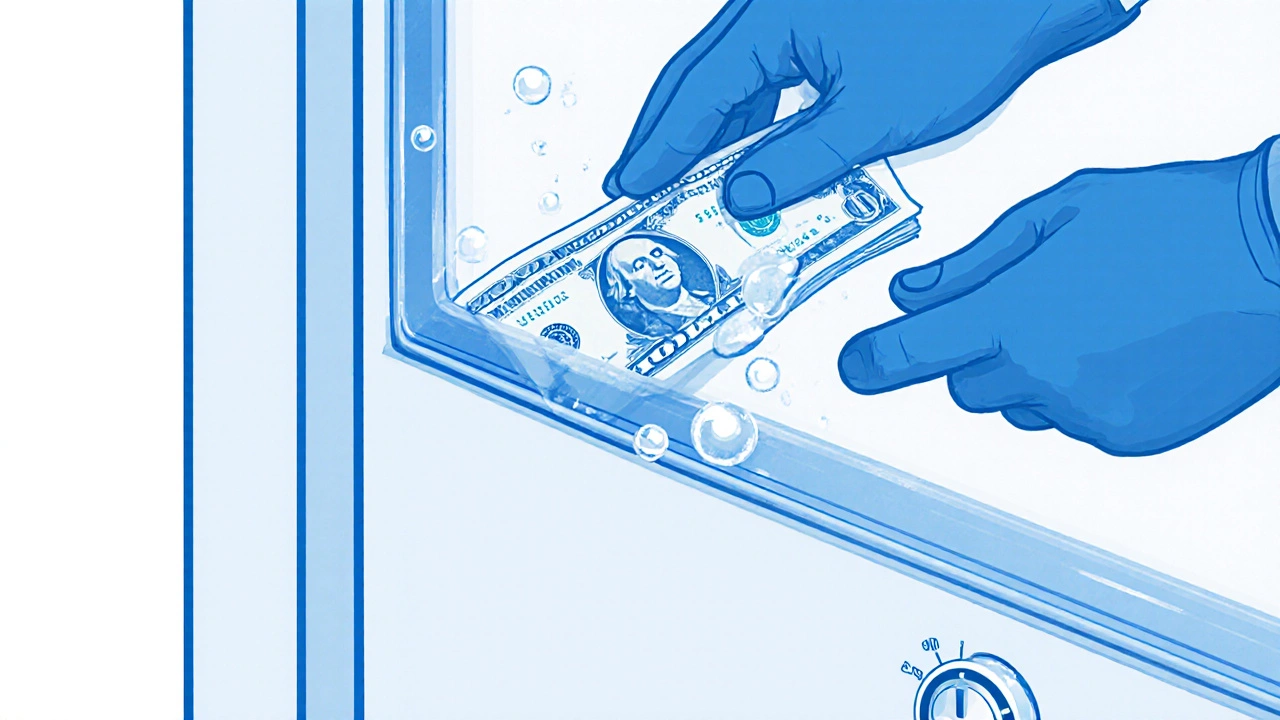 Close‑up of fridge door seal with a dollar bill test and cleaning hands.