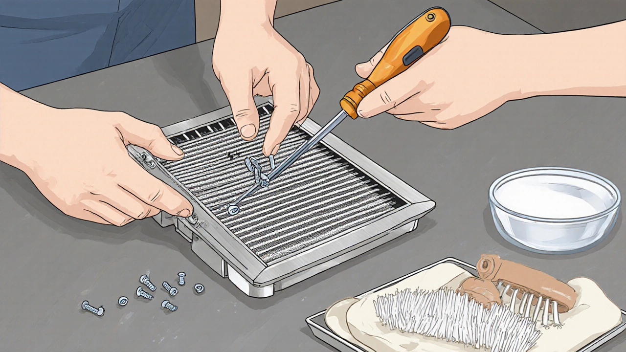 Close‑up of hands using a screwdriver to remove the fan grille, with filter and cleaning brush on a bench.