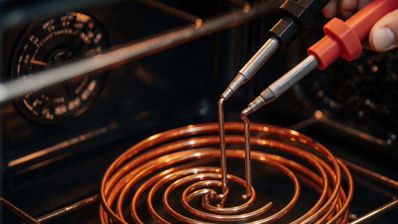Close-up of heating element being tested with a multimeter.