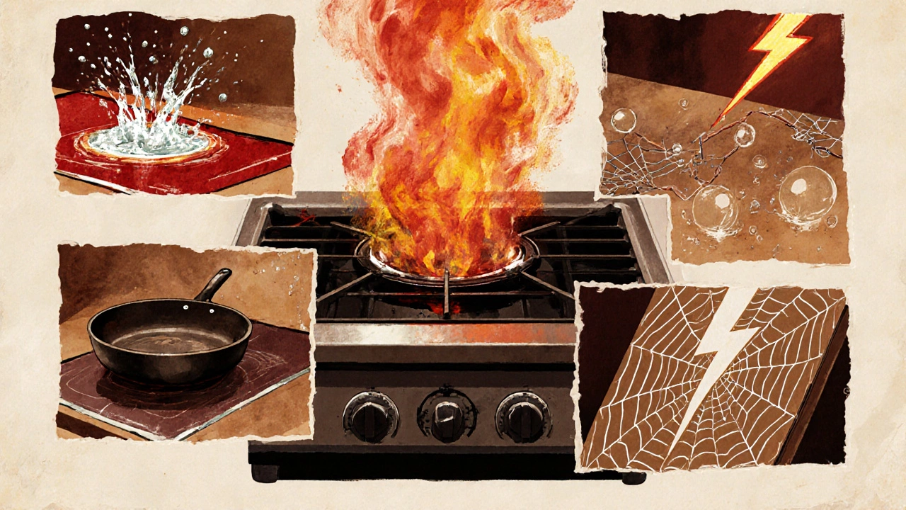 Collage of hob surrounded by scenes of water splash, falling skillet, bubbles, lightning, and spider‑web cracks.