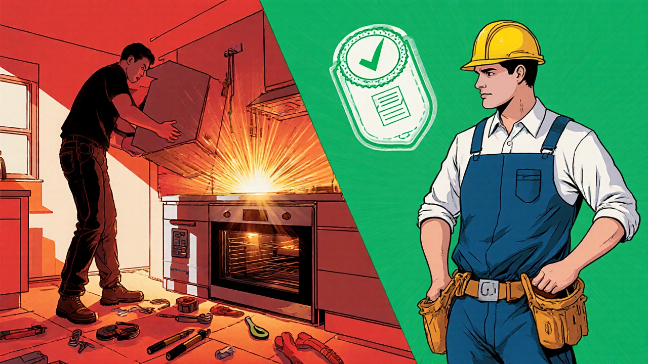 Comic panel shows DIY oven swap with helpers on one side and a professional electrician securely installing the oven on the other.
