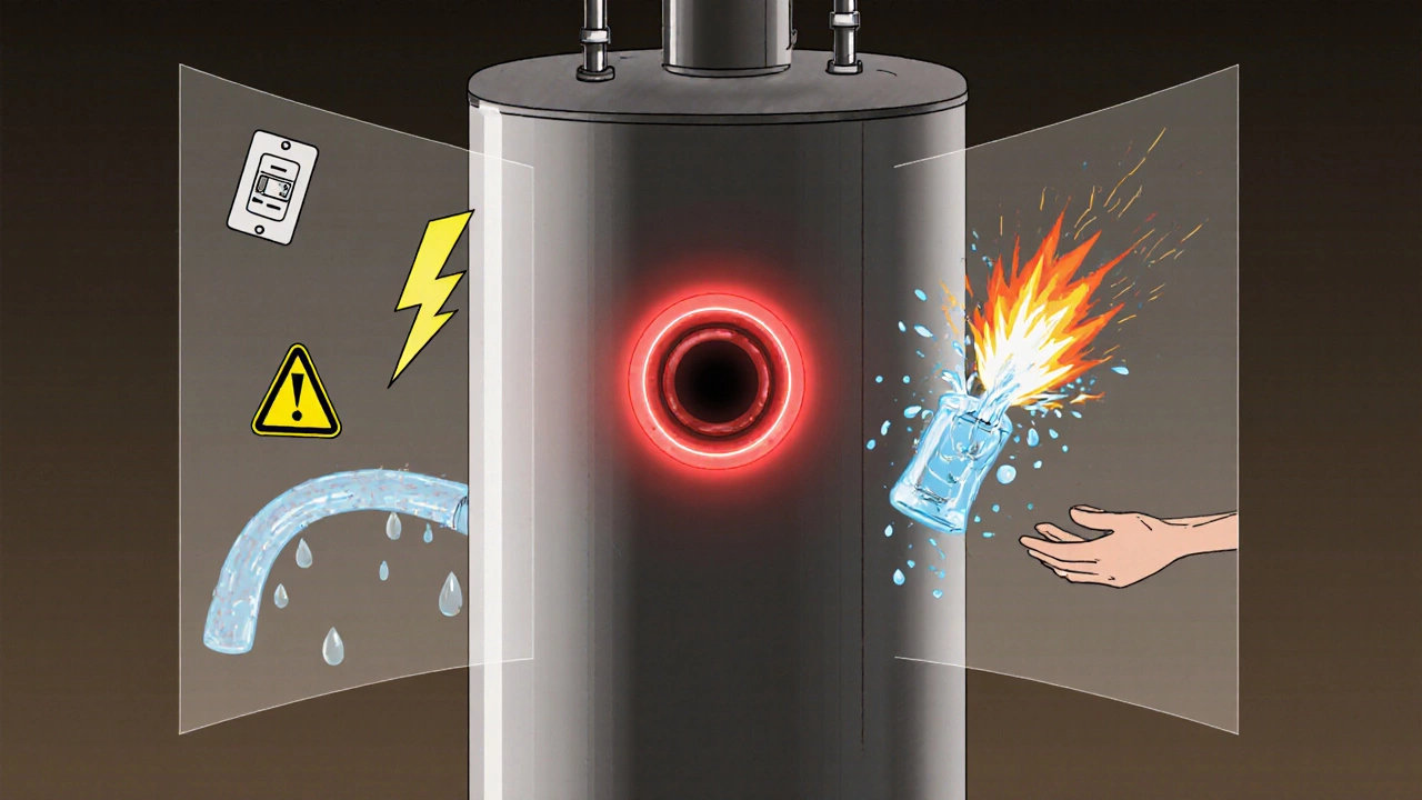 Conceptual image showing water heater reset dangers and safe path.