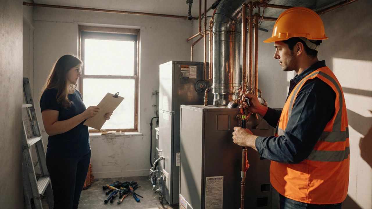 Contractor installing a boiler while homeowner checks a checklist.