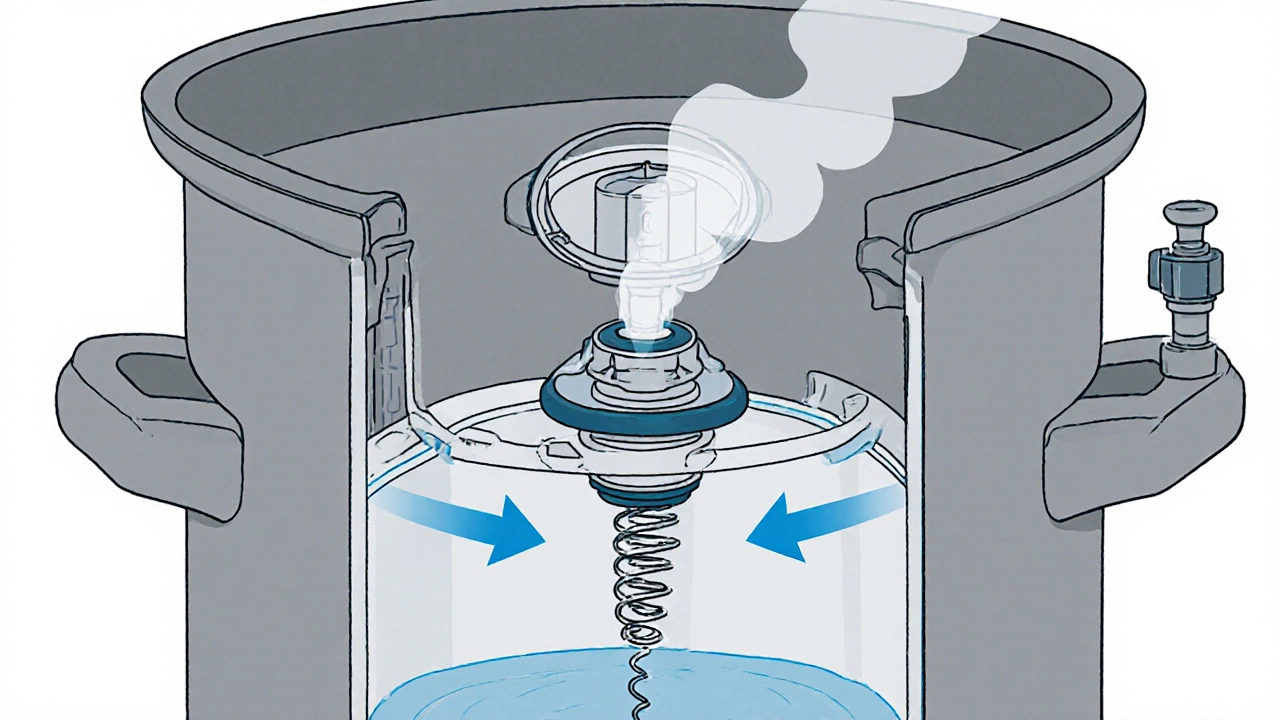 Cutaway illustration of a pressure cooker showing valve, gasket, safety valve and steam paths.