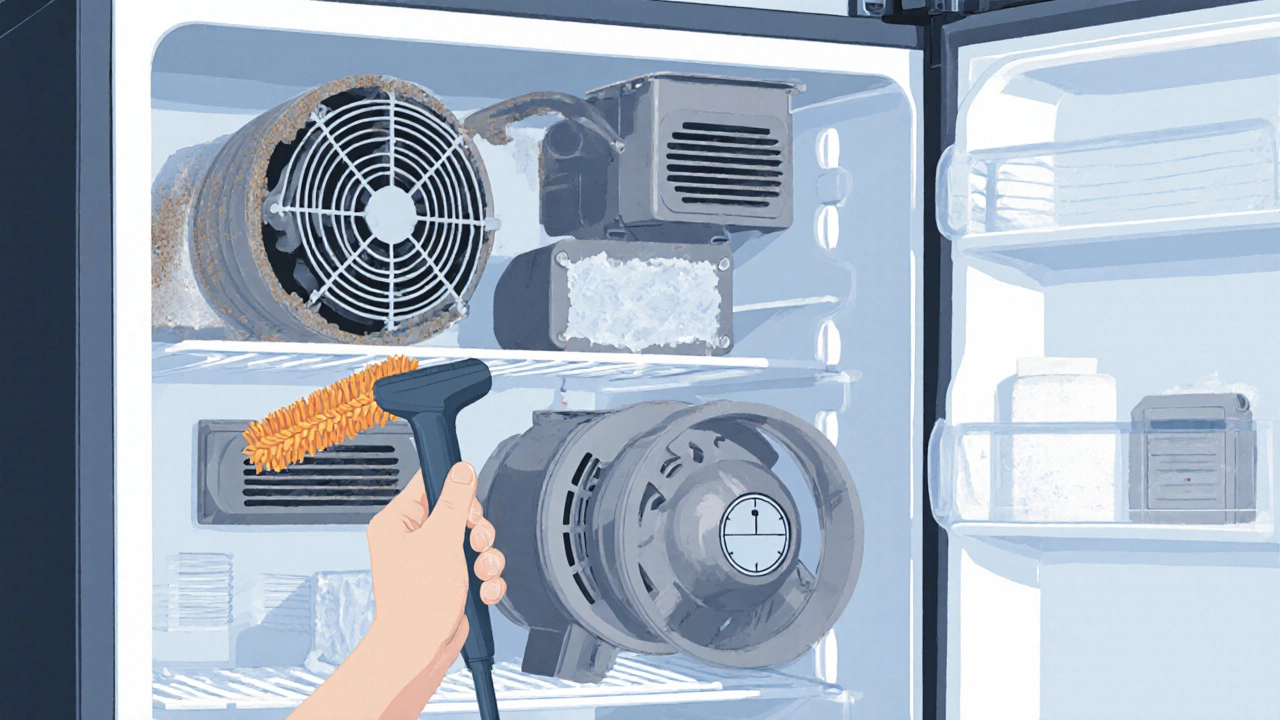 Cutaway view of a fridge rear showing dirty coils, fan, and ice‑covered evaporator coil.