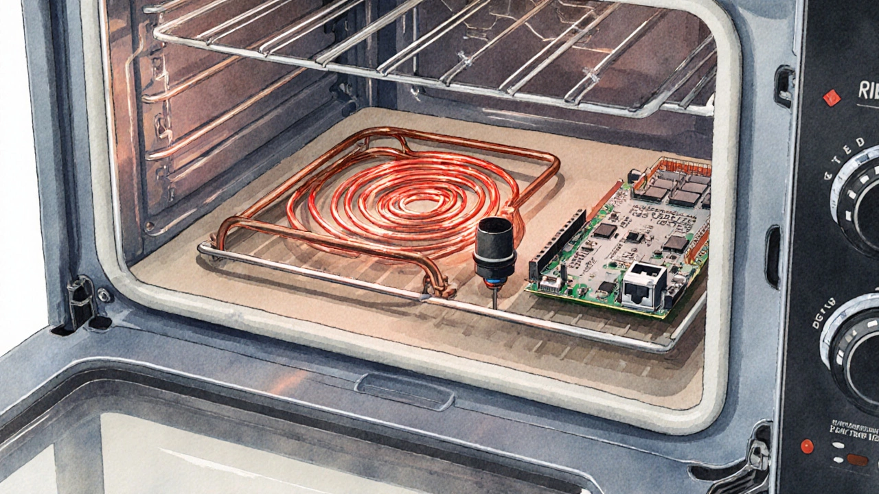 Cutaway view of an oven showing heating element, thermostat, sensor, gasket, and control board.