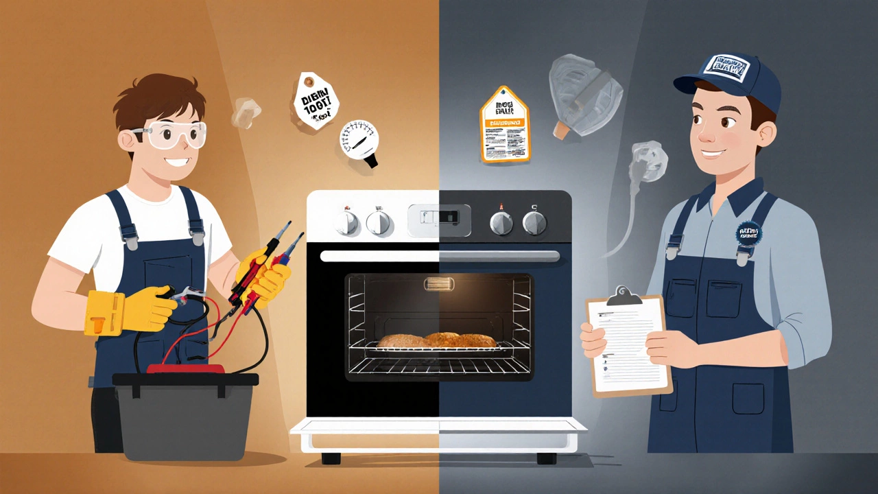 DIY homeowner with tools next to a professional technician beside an oven.