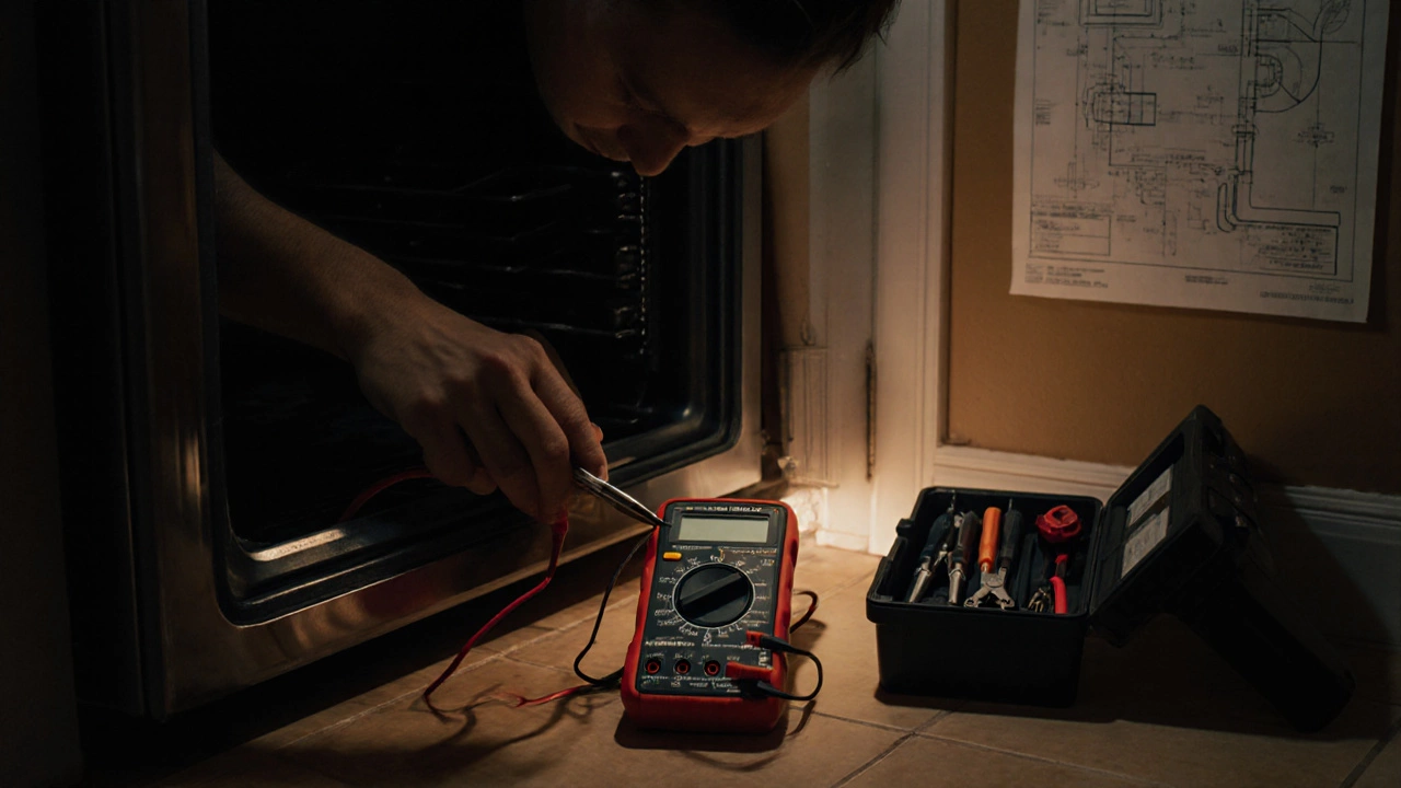 DIYer testing oven components with a multimeter and tools on kitchen floor.