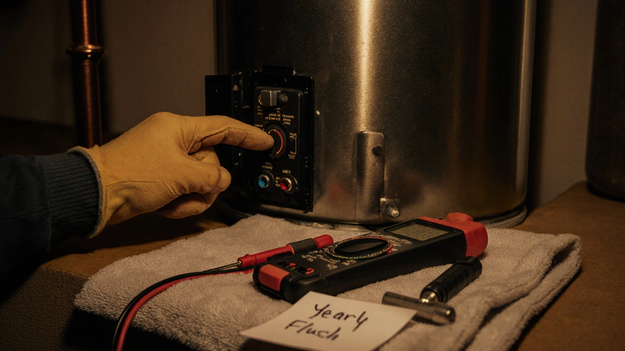 Electrician safely pressing reset button on water heater with tools nearby.