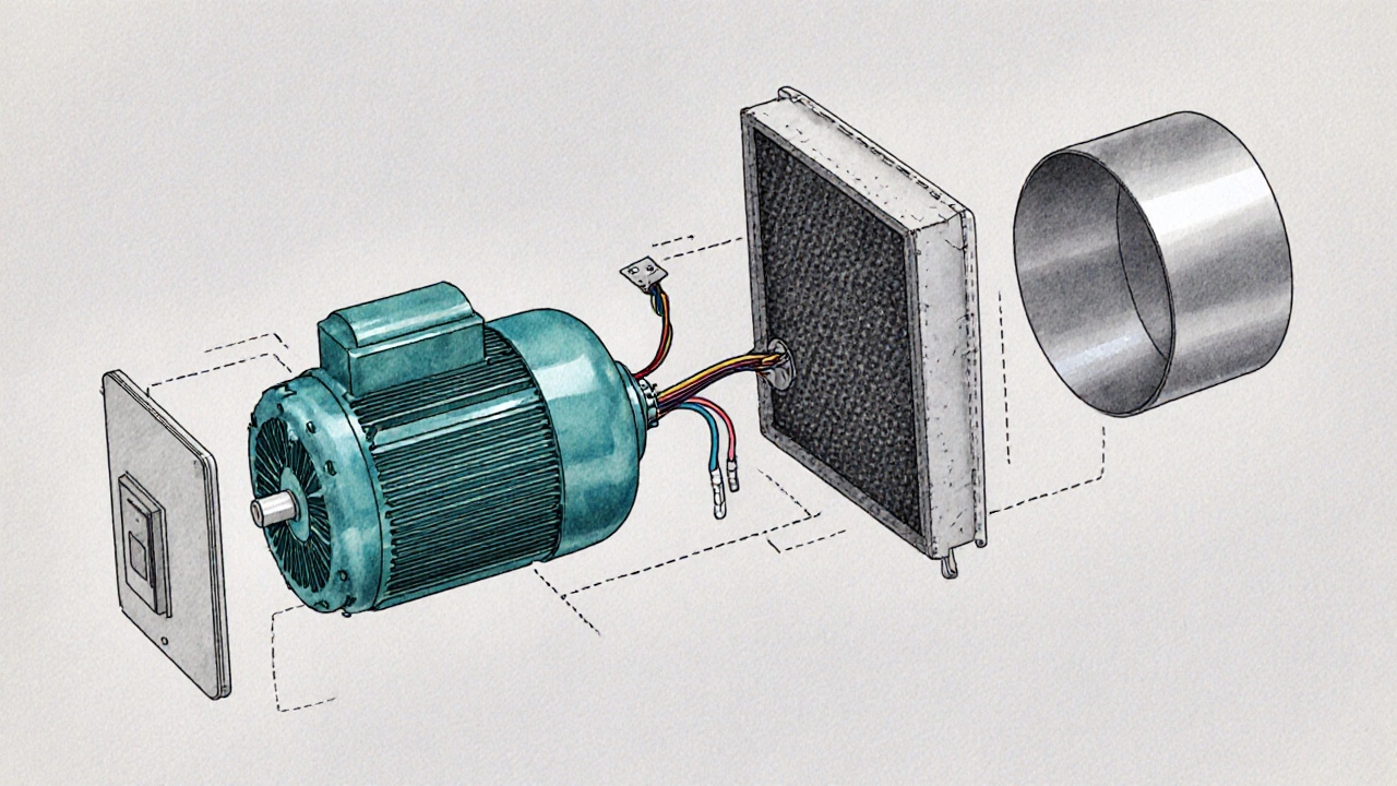 Exploded view showing fan motor, filter, wiring, and duct separated.