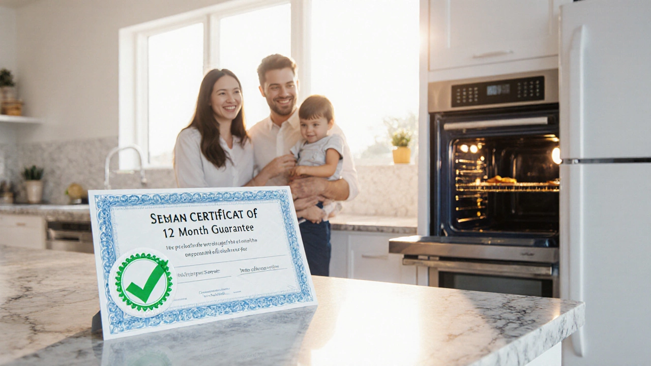 Family using a repaired oven, with a warranty certificate displayed nearby.