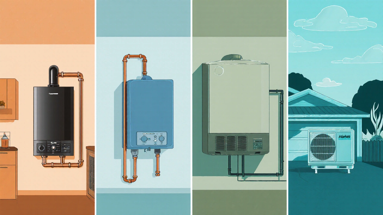 Four different residential boiler types displayed in a modern home setting.
