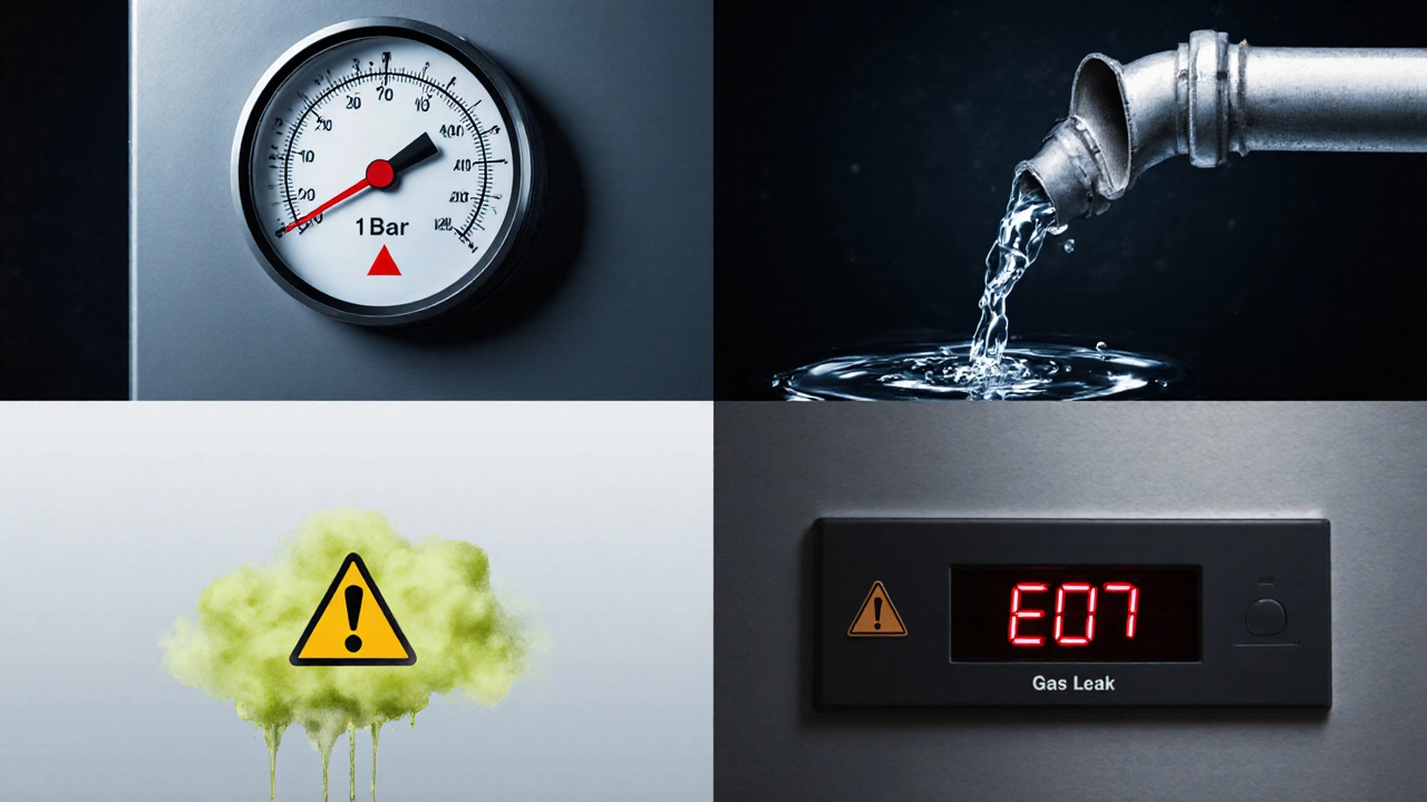 Four‑panel illustration showing low pressure, water leak, gas leak, and flashing error code on a boiler.