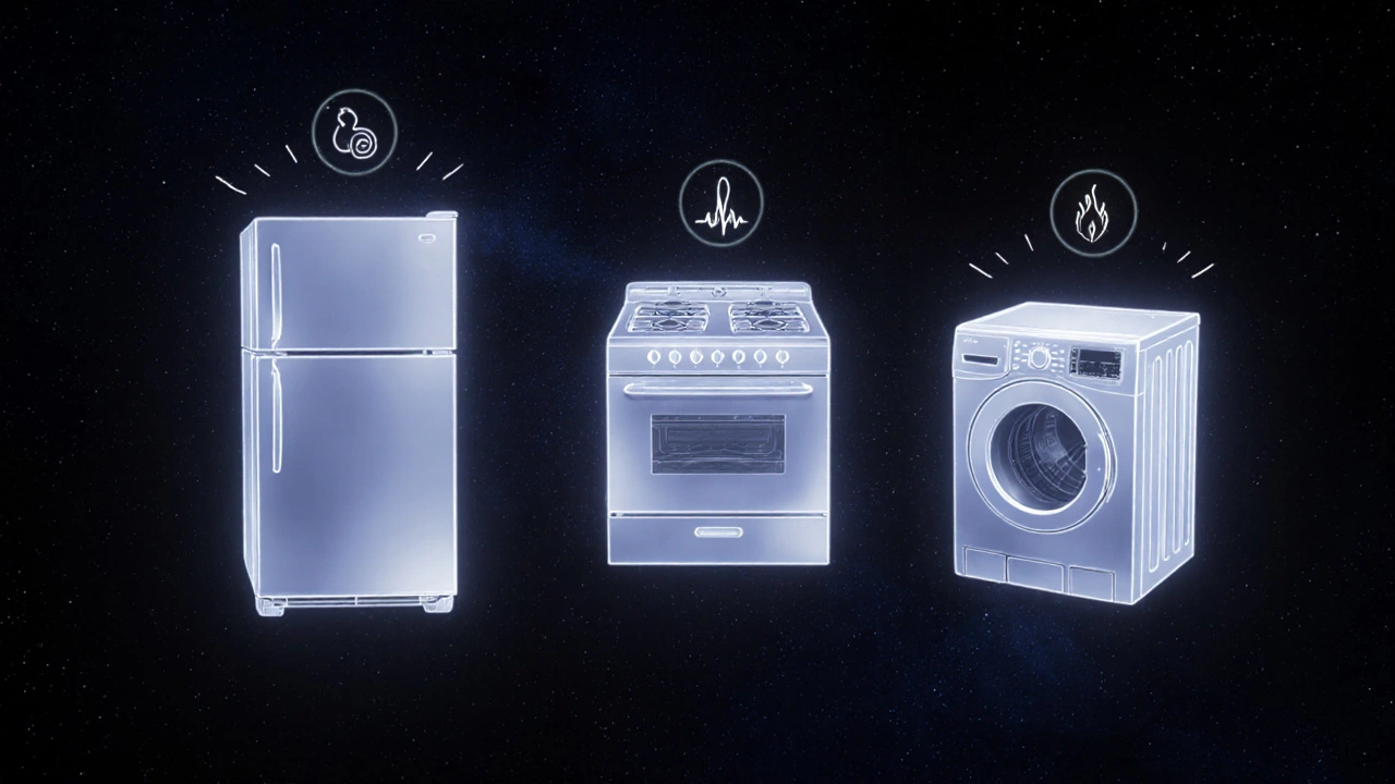 Glowing appliance silhouettes floating in darkness, emitting pulses of energy.