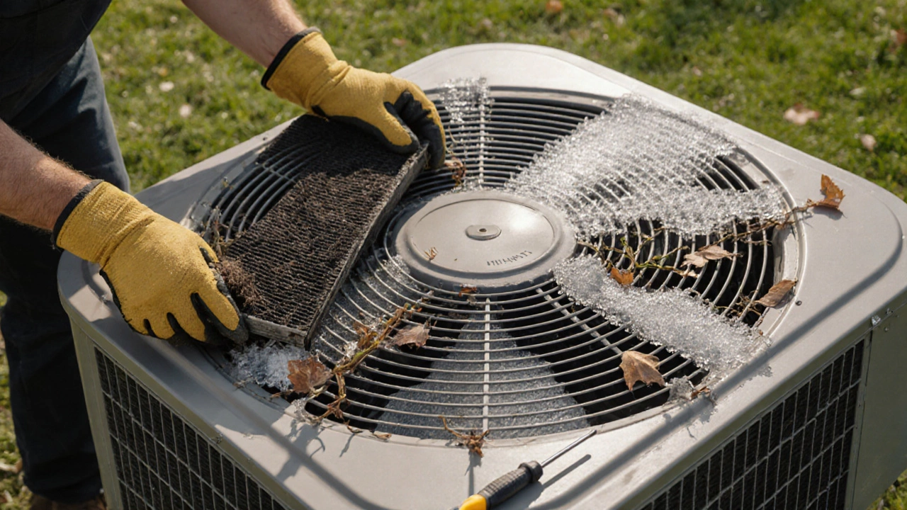 Hand replaces dirty filter and clears debris from condenser coil with ice visible.