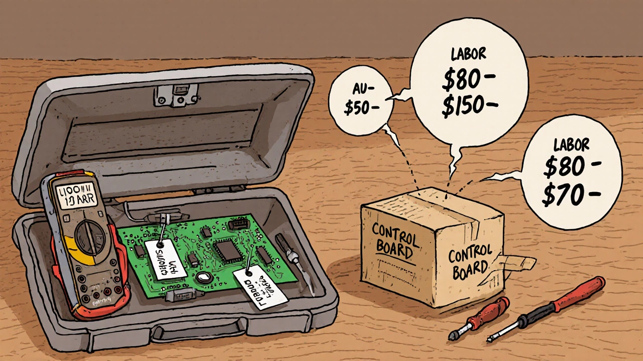 Illustrated kitchen workbench showing oven repair parts with price tags.