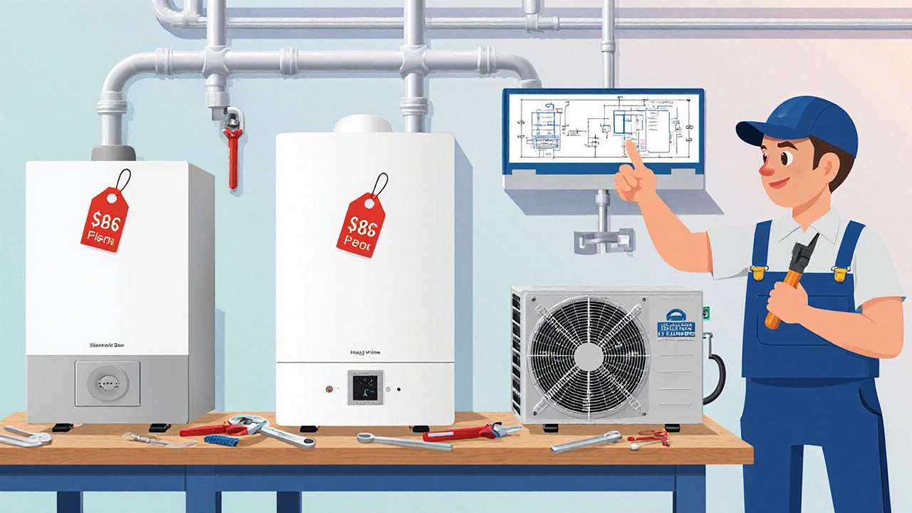 Illustration of four boiler types on a workbench with tools and price tags.