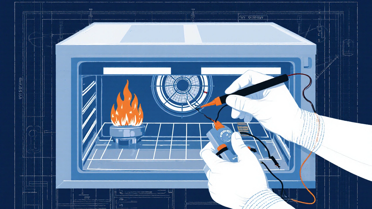 Illustration of hands repairing oven components with a multimeter and igniter.