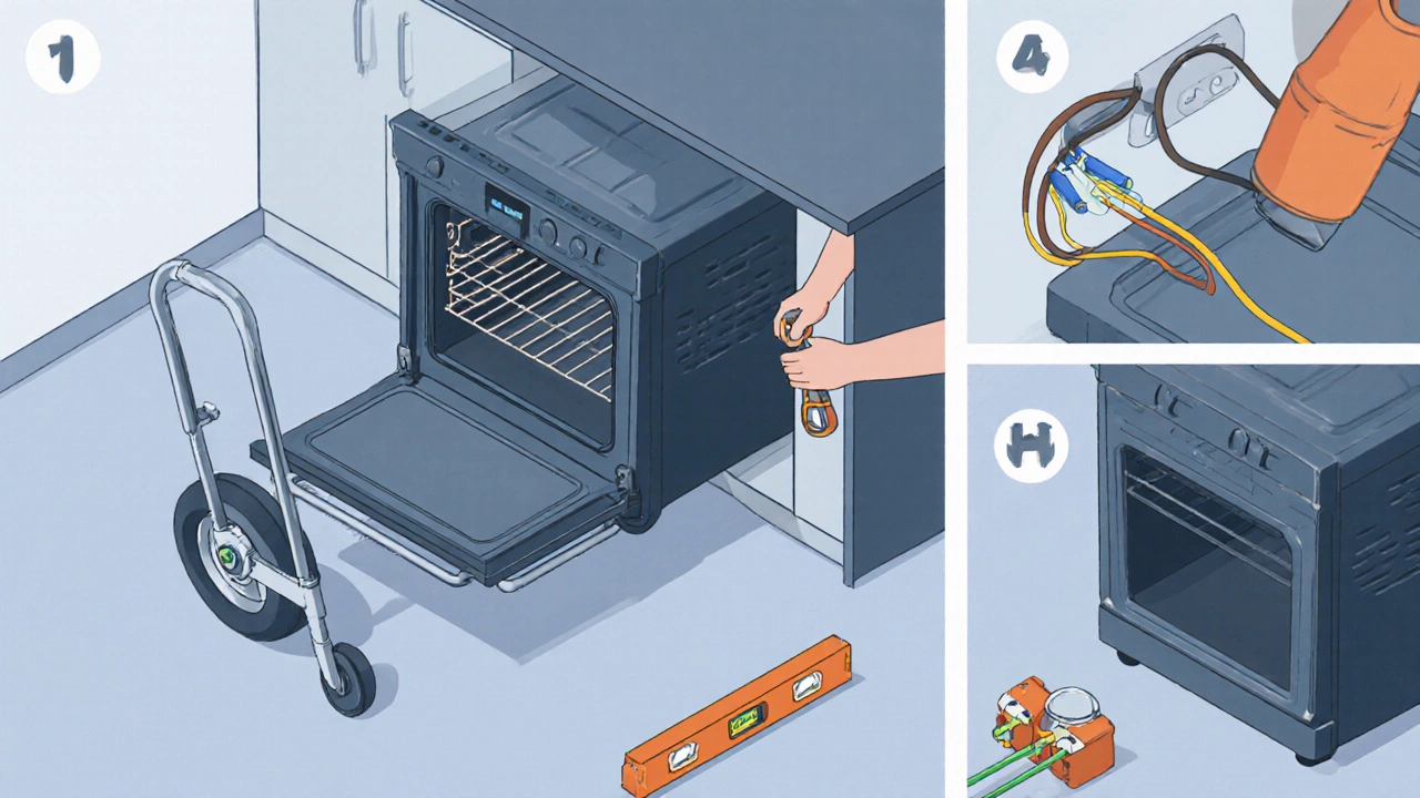 Isometric view of removing an old oven with a dolly, disconnecting its power cord, and installing a new oven level on the floor.