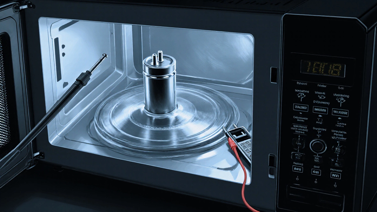 Opened microwave interior showing magnetron, capacitor, door interlock and tools for testing.