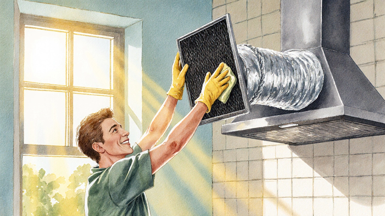 Person cleaning and replacing a carbon filter on a kitchen extractor fan.