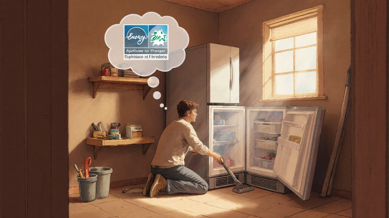 Person cleaning freezer coils while a thought bubble shows a new energy‑efficient freezer.