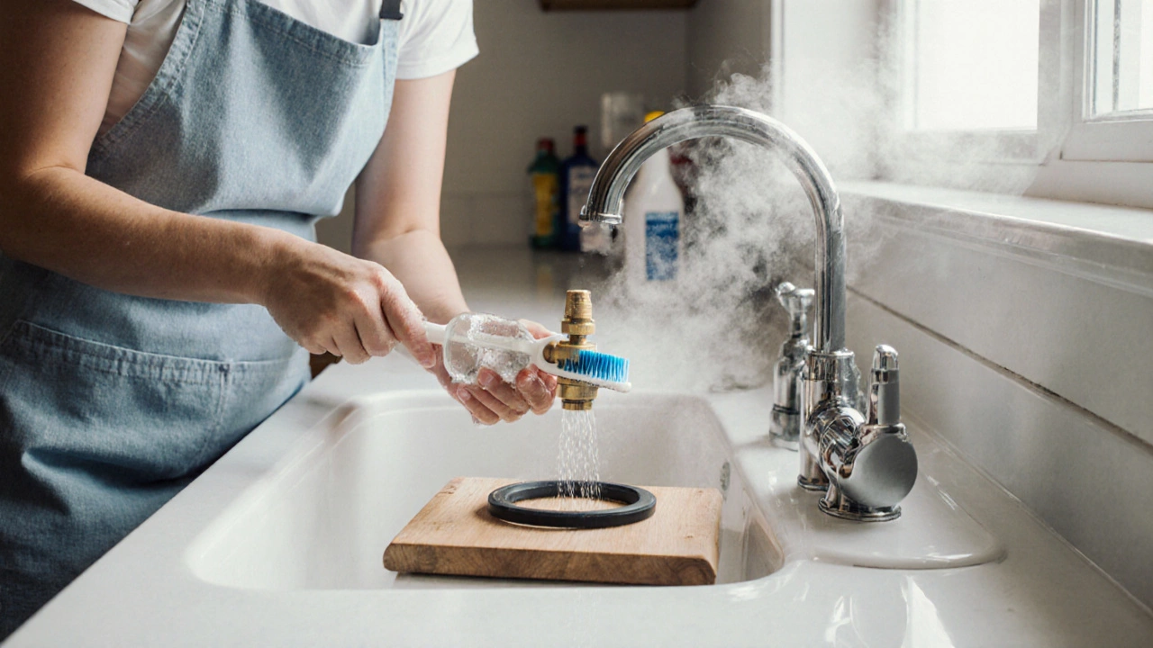 Person scrubbing a pressure valve with a brush while a sealing ring rests nearby.
