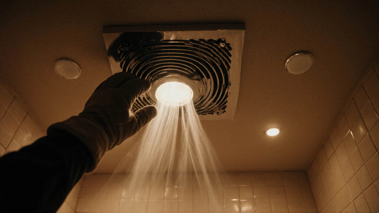 Person testing a reassembled extractor fan in a bathroom, feeling airflow with soft light.