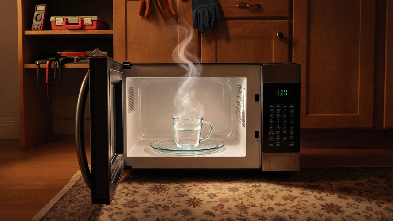 Person watching a microwave heat water after repair, kitchen warmly lit with tools in background.