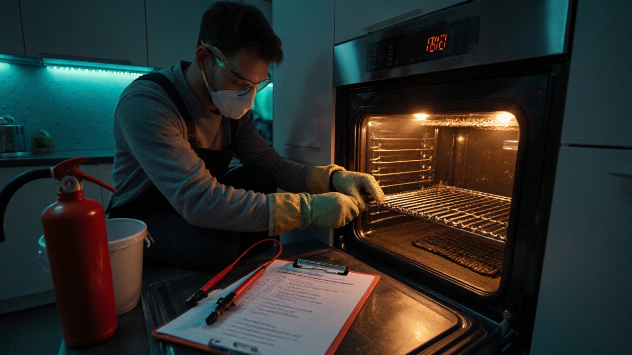 Person wearing safety gear replaces an oven element with tools and fire extinguisher nearby.