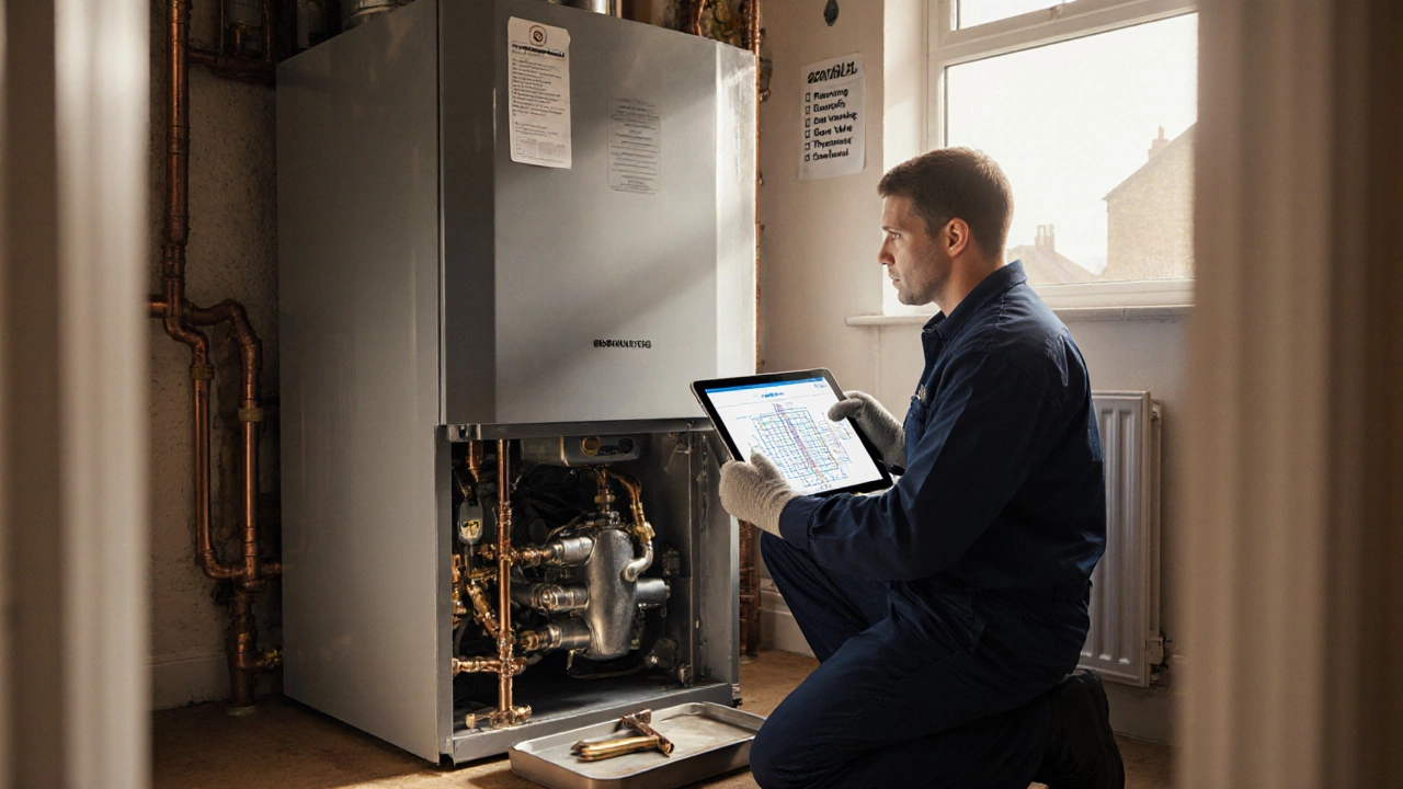 Professional technician servicing a boiler, reviewing a diagnostic tablet and checklist.