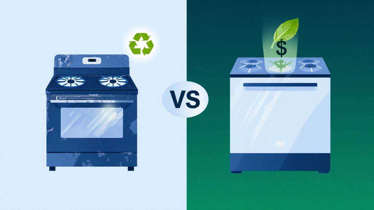 Split image comparing an old oven repair with a new energy‑star oven and eco icons.