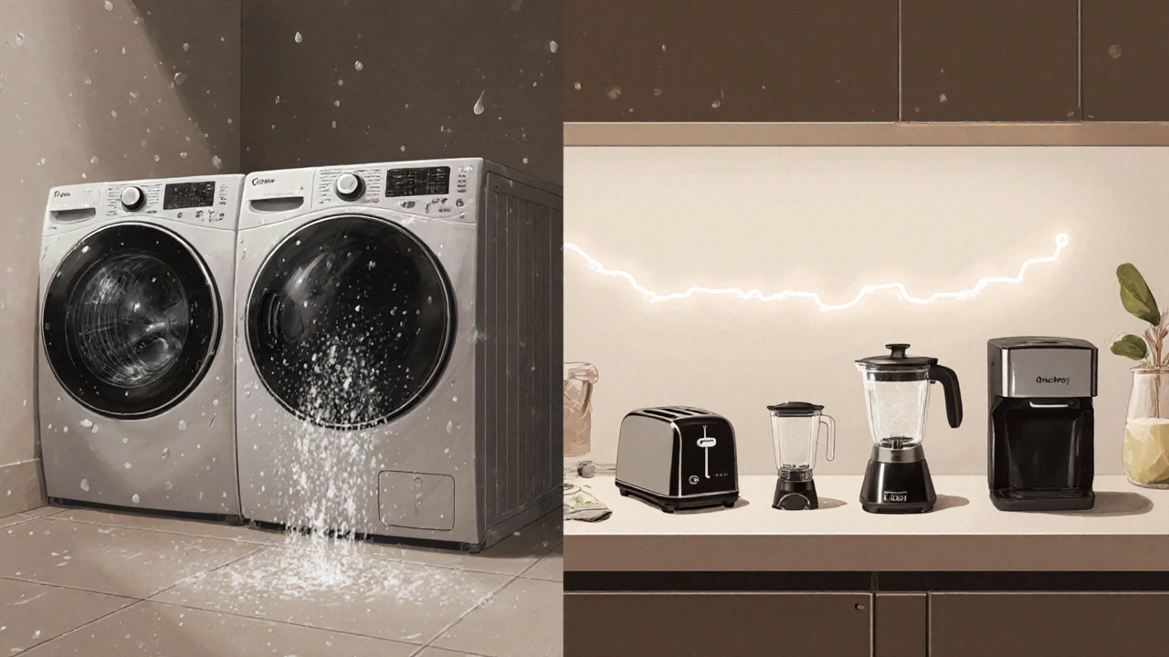 Split view of a laundry room and kitchen counter with major and small appliances in action.