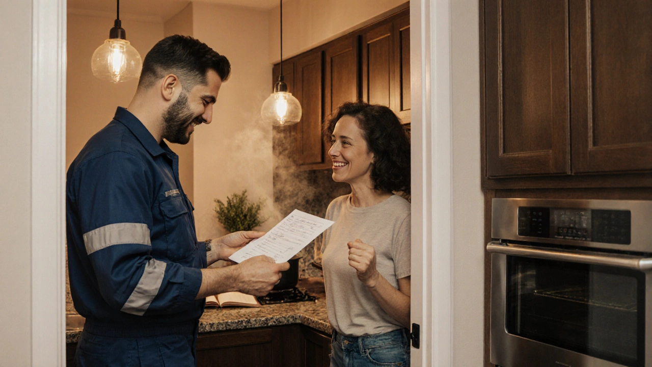 Technician handing a quote to a happy homeowner in a warm kitchen setting.