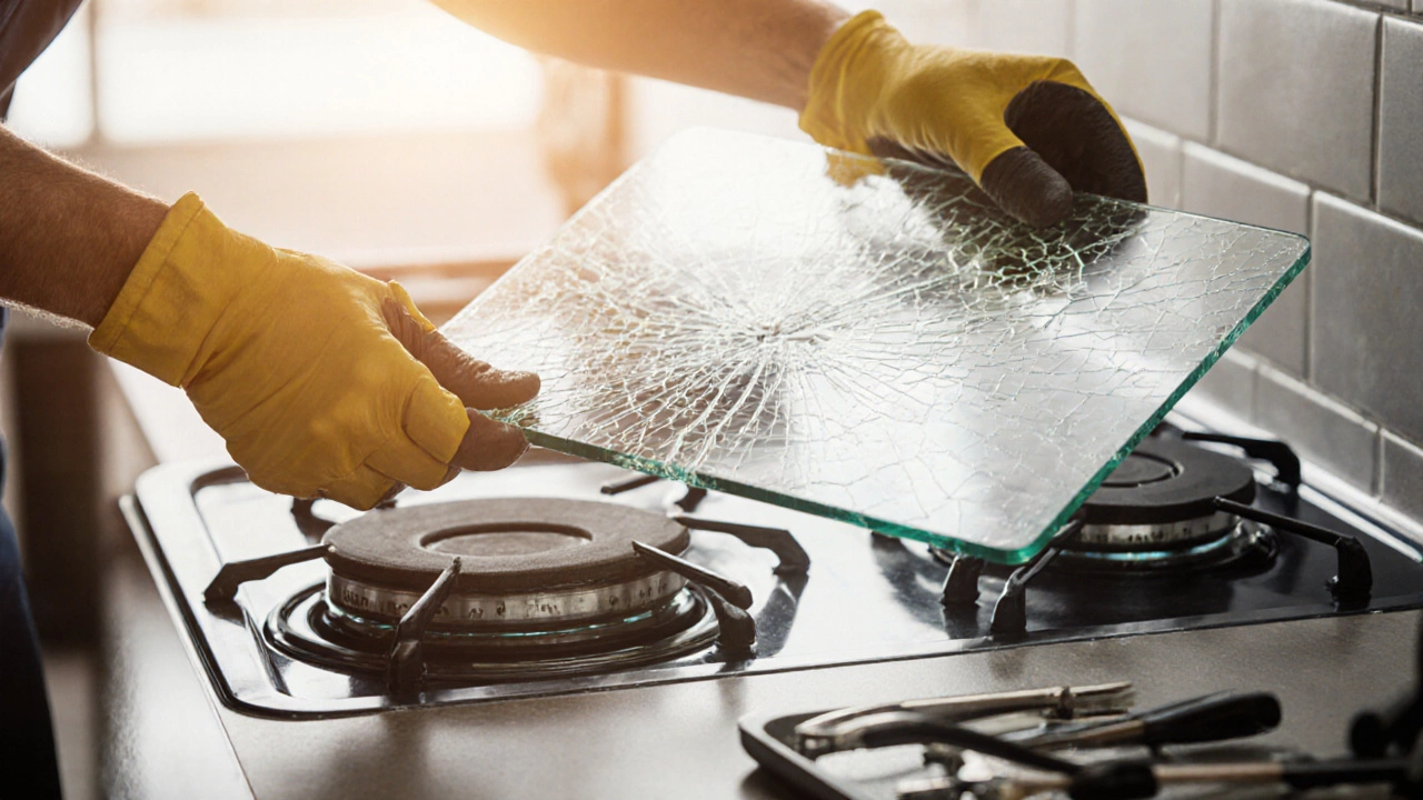 Technician in safety gear replacing a cracked hob panel on a kitchen countertop.