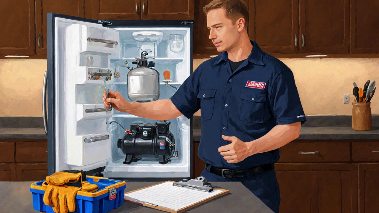 Technician installing a new compressor in an open refrigerator.