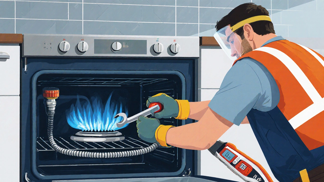 Technician repairing a gas oven, showing igniter and gas valve with safety gear.