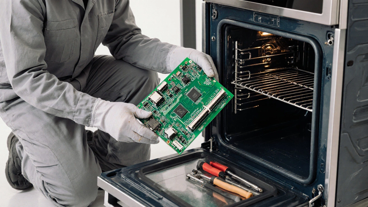 Technician repairing an oven&#039;s control board in a workshop.