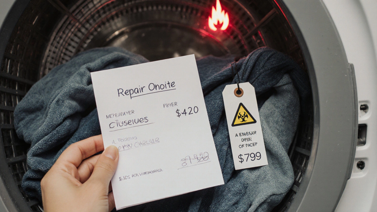 A repair quote next to a new dryer price tag on a laundry basket with damp clothes and a faint fire warning.