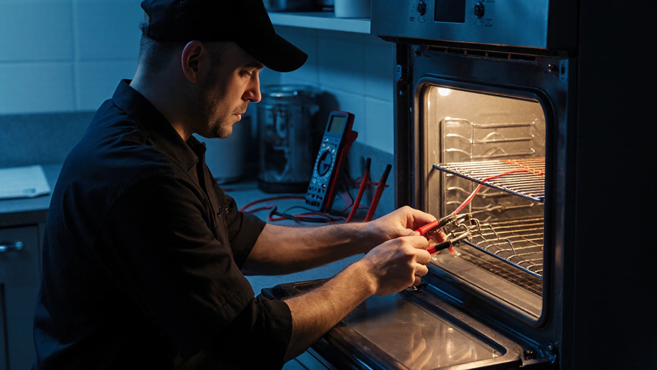 A technician disconnecting wires from an oven&#039;s heating element in a kitchen.