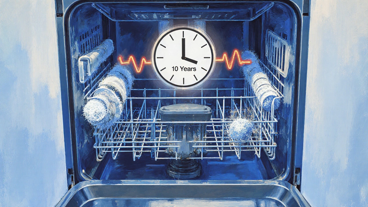 A transparent dishwasher revealing limescale-clogged spray arms and a failing heating element.