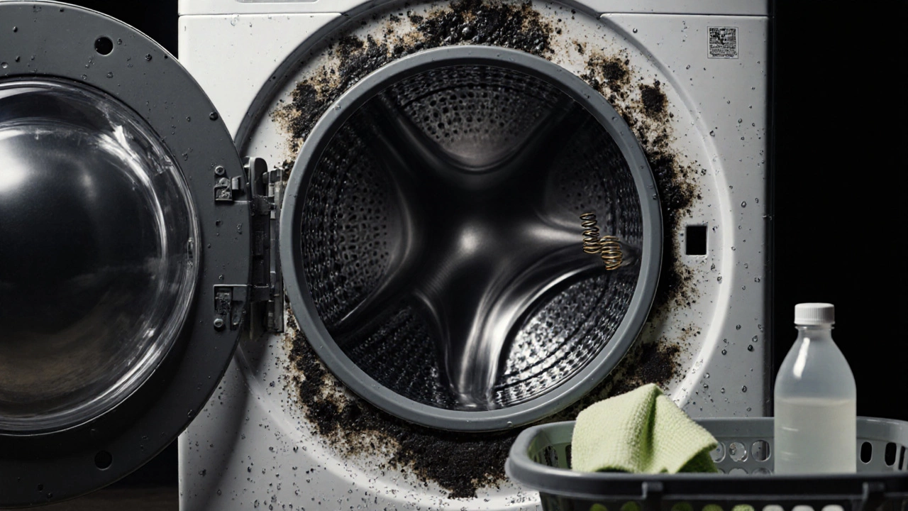 A washing machine with moldy rubber seal and broken spring, shaking during operation.