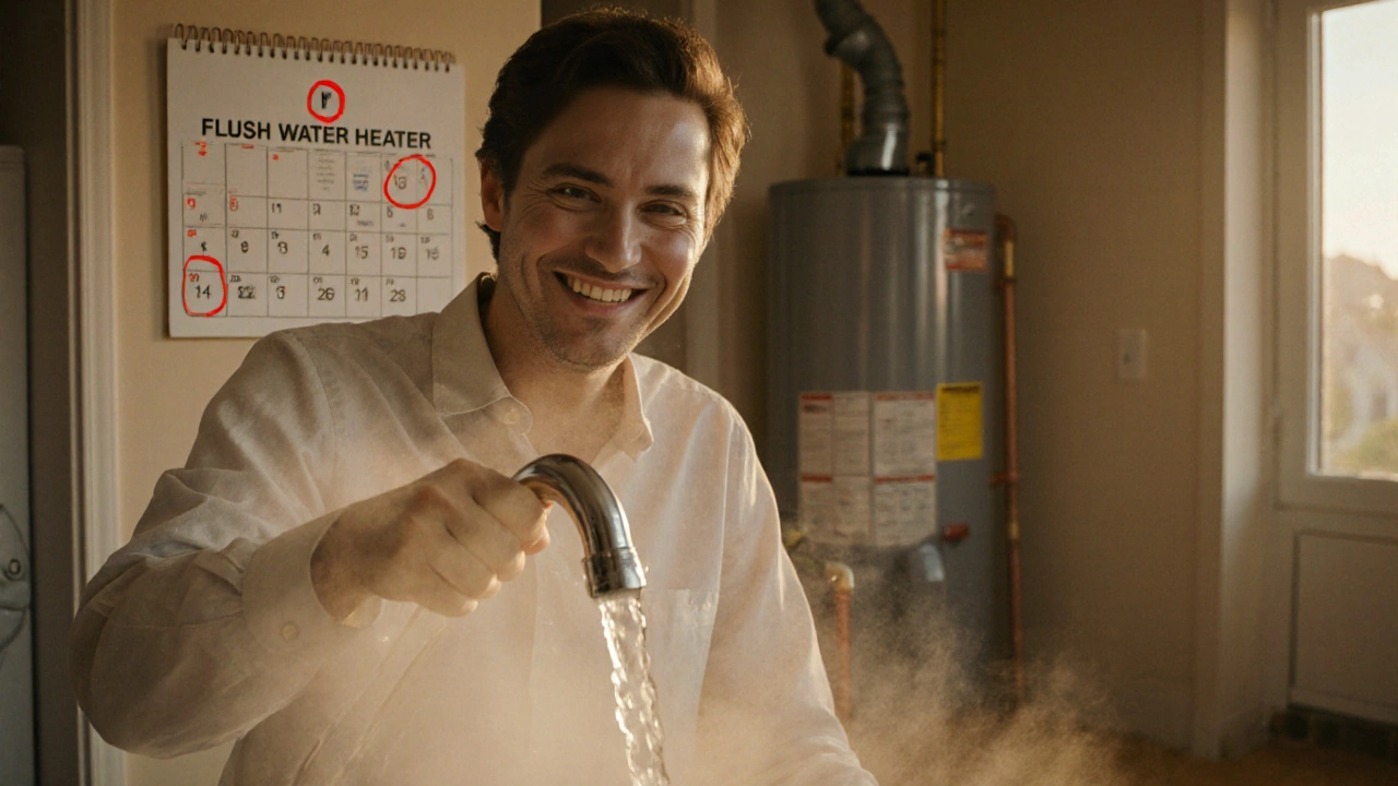 Clear water flowing from faucet after water heater flush, calendar marked for maintenance