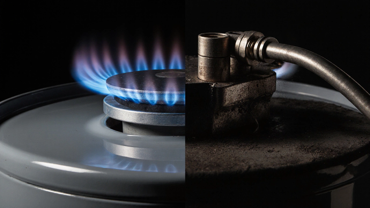 Close-up of a gas water heater pilot light and thermocouple with soot buildup.