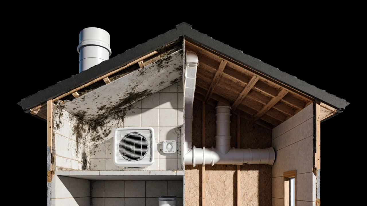 Cross-section of a house showing mold growth from improper fan venting versus clean external ventilation.