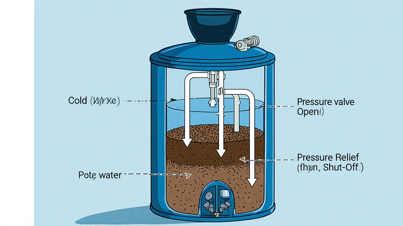 Cutaway view of water heater tank showing sediment buildup and water flow during flushing