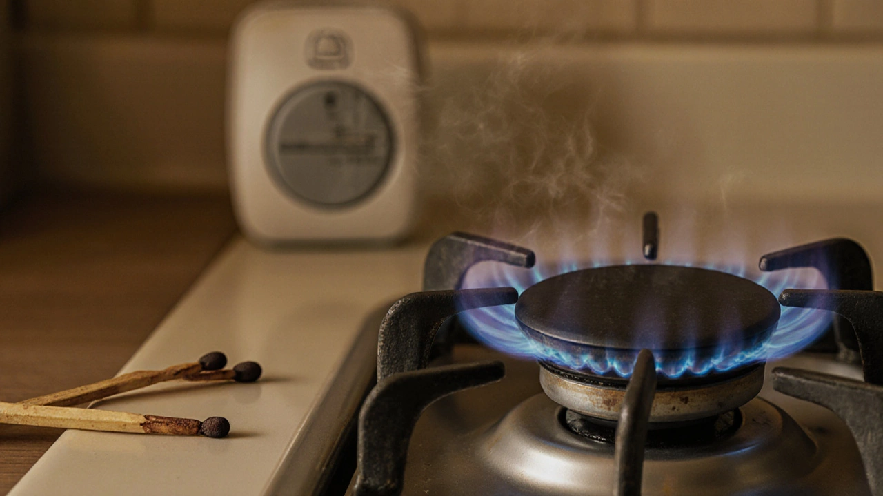 Gas stove burner with blue flame and carbon monoxide alarm on wall.