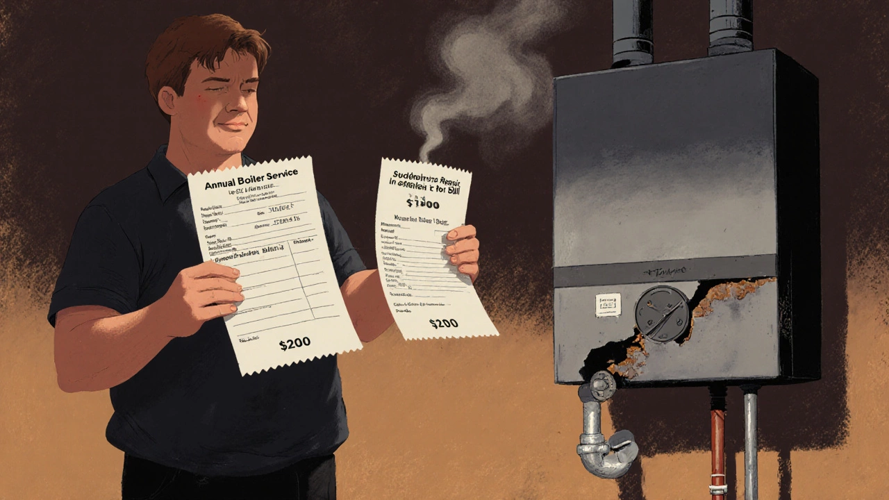 Homeowner comparing a small service receipt with a large repair bill beside an aging, leaking boiler.